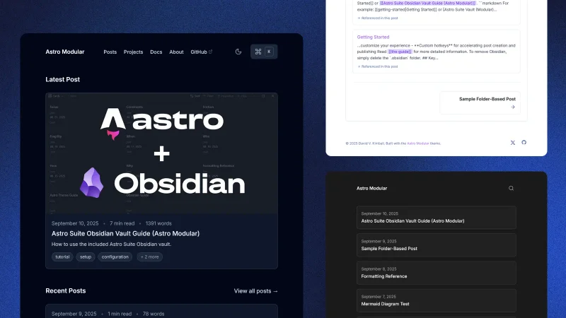 Astro Modular preview, showing different theme and layout options.